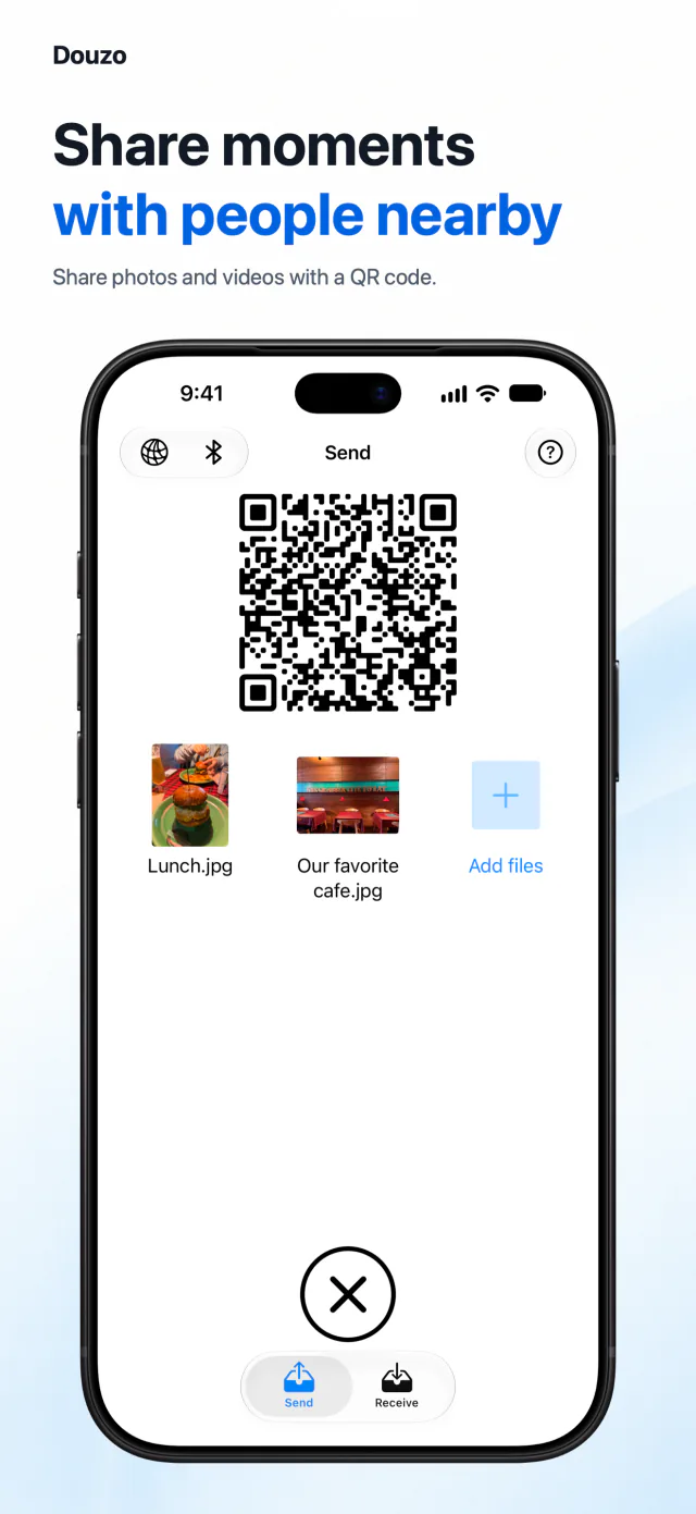 iOS: Send screen showing selected photos and a sharing QR code