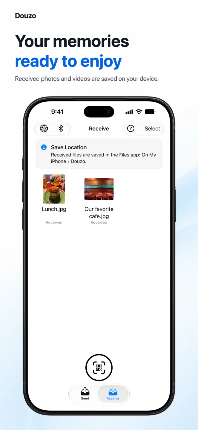 iOS: Receive screen showing transferred photos